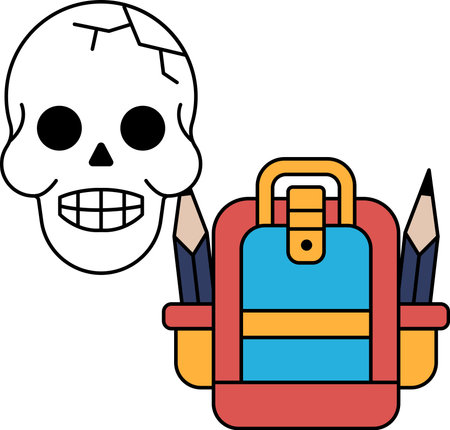 A skull is sitting on top of a backpack. The skull has a smile on its face and is holding a pencil. The backpack is black and has a zipperのイラスト素材