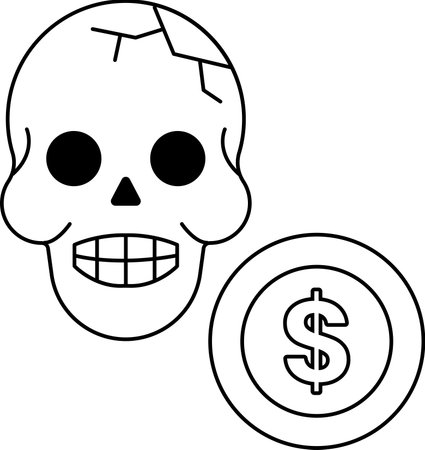 A skull with a dollar sign next to it. The skull is smiling and the dollar sign is blackのイラスト素材