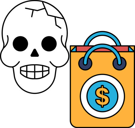 A skull is next to a bag with a dollar sign on it. The skull has a smile on its face, which is a bit odd. The bag is black and whiteのイラスト素材