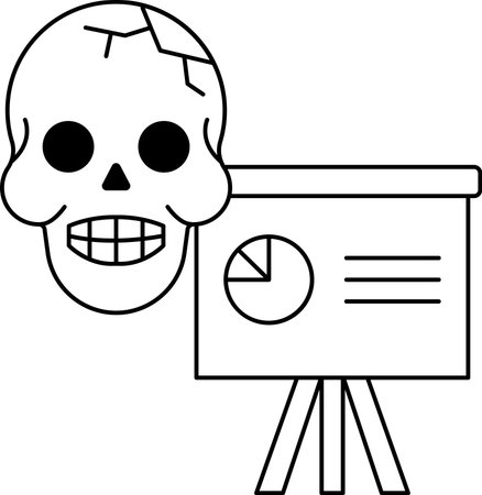 A skull is on a presentation board with a pie chart. The skull is smiling and the pie chart is showing a large slice. Scene is lighthearted and humorousのイラスト素材