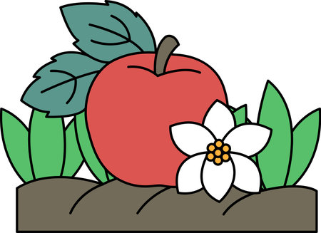 A drawing of a flower and an apple. The apple is on the left side of the flower and the flower is on the right side of the appleのイラスト素材