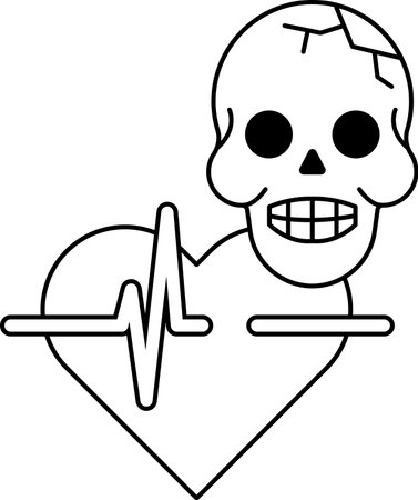 A skull is drawn next to a heart. The skull is broken and the heart is beating. The skull is a symbol of death and the heart is a symbol of life. Concept of sadness and lossのイラスト素材
