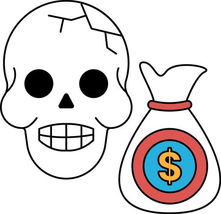 A skull is drawn next to a dollar bill. The skull is drawn with a smile on its face, which gives the image a creepy and unsettling moodのイラスト素材