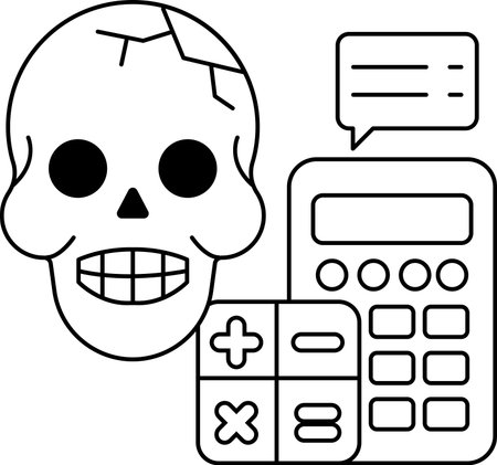 A skull is next to a calculator. The skull is smiling and the calculator is showing the numbers 1 and 2のイラスト素材