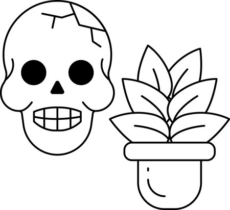 A skull and a plant are drawn in black and white. The skull has a smile on its face, and the plant is in a pot. Concept of contrast between the two objects, with the skull representing deathのイラスト素材