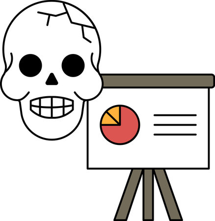 A skull is on a presentation board with a pie chart. The skull is smiling and the pie chart is showing a large slice. Scene is lighthearted and humorousのイラスト素材