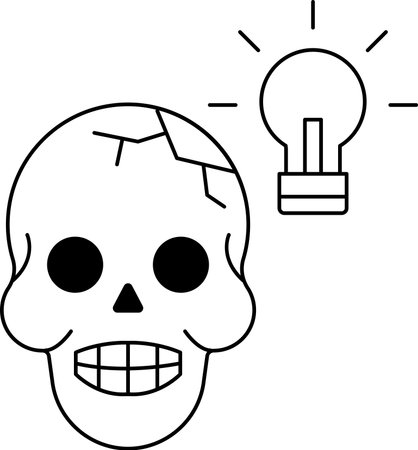 A skull with a light bulb above it. The skull is smiling and the light bulb is glowing. Concept of creativity and innovationのイラスト素材