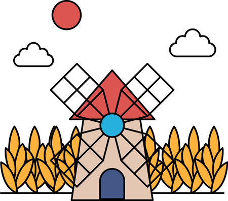 A windmill is in the foreground of a field with trees in the background. The sky is cloudy and the sun is shiningのイラスト素材