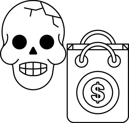 A skull is next to a bag with a dollar sign on it. The skull has a smile on its face, which is a bit odd. The bag is black and whiteのイラスト素材