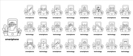 A series of images of smart phones and tablets. The images are in black and white and are arranged in a grid. The images include a cell phone, a tablet, a smart watch, and a laptopのイラスト素材