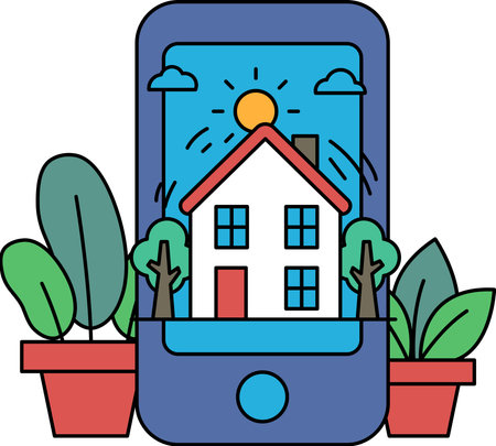 A house is shown on a phone screen with a bright sun shining on it. The house is surrounded by trees and potted plants, giving it a cozy and welcoming atmosphere. Concept of warmth and comfortのイラスト素材