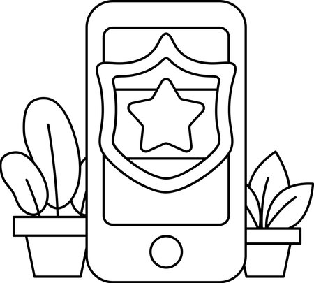 A cell phone with a police badge and a star on it. The phone is placed next to a potted plantのイラスト素材