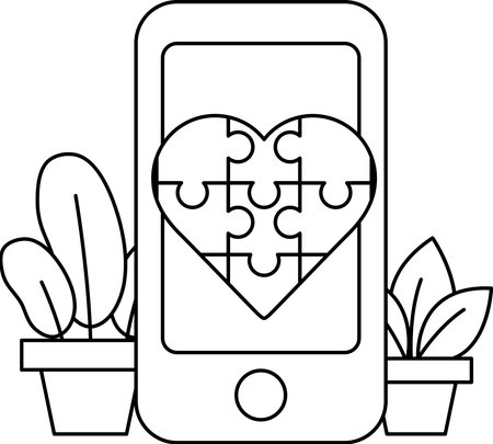 A puzzle piece heart is shown on a phone. The heart is surrounded by a green plant and a potted plant. Concept of hope and positivityのイラスト素材