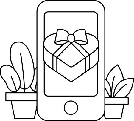 A phone with a heart on it and a bow around it. The phone is on a table next to a potted plantのイラスト素材