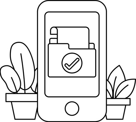 A phone with a check mark on it and a folder icon. The phone is surrounded by plantsのイラスト素材