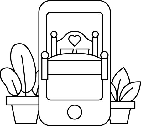 A bed is shown on a phone screen with a heart on it. The bed is surrounded by plants and a potted plant is in front of it. The bed is a white bed with a white pillow and a white blanketのイラスト素材