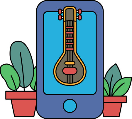 A cell phone with a guitar on it. The guitar is on a blue background. The background has green leaves and a red flowerのイラスト素材