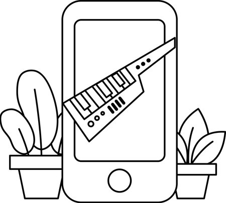 A cell phone with a keyboard on it is placed next to a potted plant. Concept of creativity and musical inspirationのイラスト素材
