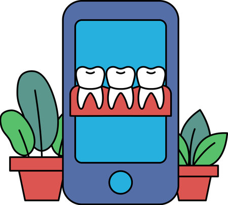A blue cell phone with three teeth on it. The teeth are in a row and are red. The phone is on a table with a potted plant in the backgroundのイラスト素材