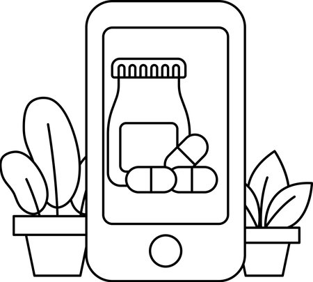 A cell phone with a pill bottle on it. The pill bottle is full of pillsのイラスト素材