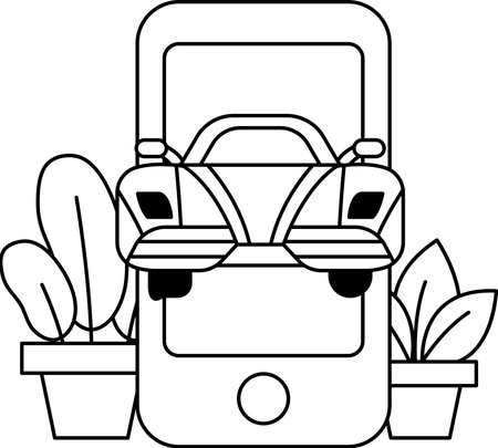 A car is sitting on top of a cell phone. The car is black and the phone is whiteのイラスト素材