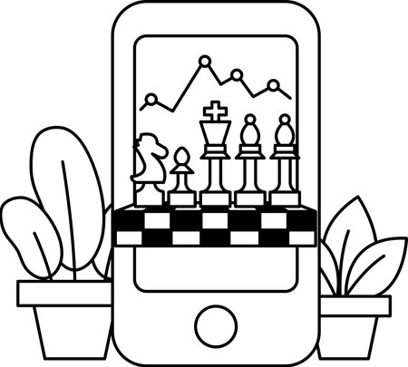 A black and white drawing of a cell phone with a chess board on the screen. The chess board has a knight and a bishop on it. The background features a tree and a potted plantのイラスト素材