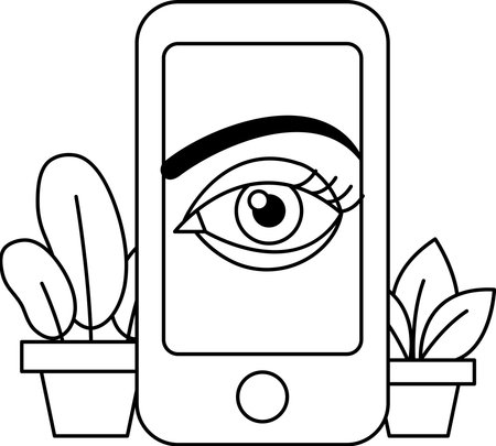 A phone is shown with a black eye drawn on it. The phone is placed next to a potted plantのイラスト素材