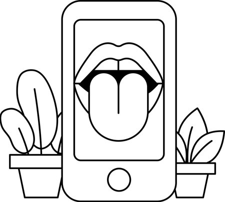 A black and white drawing of a phone with a tongue sticking out. The drawing is of a phone with a tongue sticking out, and it is surrounded by plantsのイラスト素材