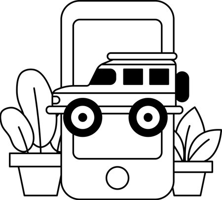 A black and white drawing of a cell phone with a car on top of it. The car is a Jeep and the phone is a Samsung. The drawing has a playful and fun moodのイラスト素材