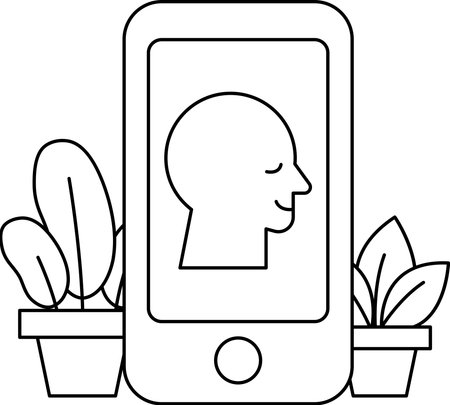 A man's head is shown on a cell phone. The man is smiling and he is happy. Concept of positivity and joyのイラスト素材