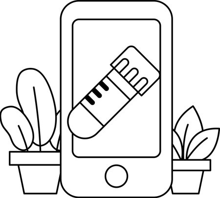 A cell phone is shown with a pen and a ruler on it. The phone is placed next to a potted plant and a small plant. Concept of a creative and artistic person who enjoys drawingのイラスト素材