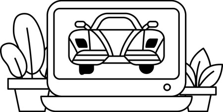 A black and white drawing of a car on a computer screen. The car is surrounded by plants and a potted plantのイラスト素材