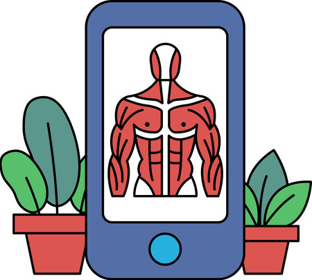 A blue cell phone with a picture of a man's chest on the screen. The man's chest is shown in detail, with the muscles clearly visible. The image is accompanied by potted plantsのイラスト素材