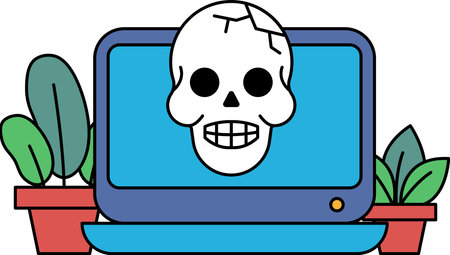 A skull is on a computer monitor. The skull is smiling and has its teeth showing. The computer monitor is on a desk with a potted plant next to itのイラスト素材