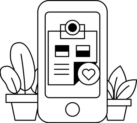 A phone with a heart on it sits next to a plant. The phone is black and whiteのイラスト素材
