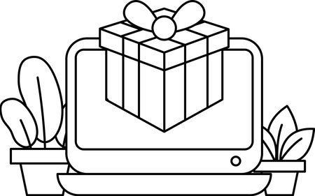 A box is on a computer screen. The box is wrapped in a gift paper. The box is placed on a tableのイラスト素材