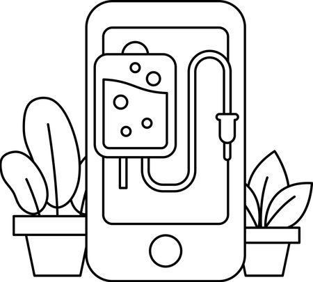 A cell phone with a syringe on it. The syringe is connected to a bag. The image is of a plant with a leafy green colorのイラスト素材