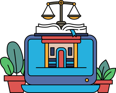 A computer monitor with a book and scales on top of it. The scales are on the left side of the monitor and the book is on the right side. Concept of balance and justiceのイラスト素材