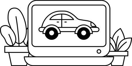 A black and white drawing of a car on a computer screen. The car is shown in a close up and the background features a few potted plants. Concept of modern technology and a connection to natureのイラスト素材