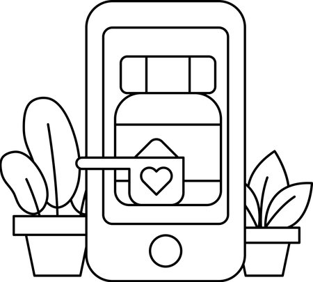 A cell phone with a heart on it is next to a bottle. The bottle is labeled with a heart symbolのイラスト素材