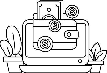 A computer screen with a wallet and coins on it. The wallet is black and the coins are silver. Concept of money and financeのイラスト素材
