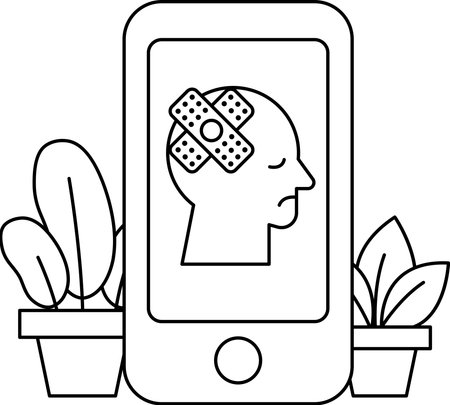A phone with a bandaged head on it. The phone is on a table next to a potted plantのイラスト素材