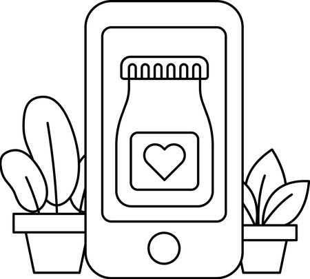 A cell phone with a bottle of milk on it. The bottle has a heart on it. The image is of a plant with a potted plant in the backgroundのイラスト素材