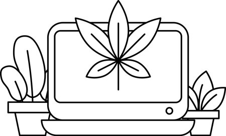 A computer monitor with a leaf on it. The leaf is on top of a plant. The plant is on a tableのイラスト素材