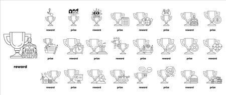 A series of cartoon characters are shown with the word "Reward" written below them. The characters are all different and include a house, a car, a cup, a bird, and a dog. The image is a funのイラスト素材