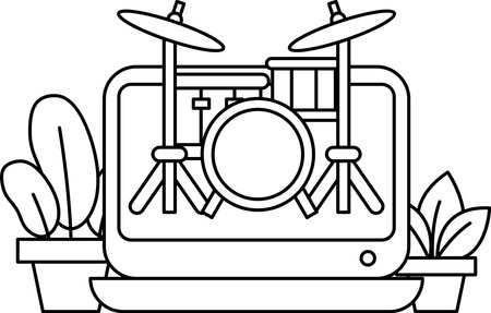 A black and white drawing of a drum set with a plant in the background. The drum set is placed on a table and the plant is in a pot. The drawing conveys a sense of creativity and inspirationのイラスト素材