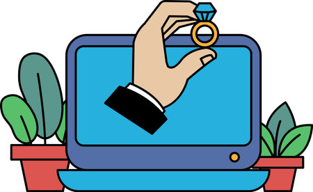 A hand holding a ring on a computer screen. Concept of a person receiving a ring, possibly as a gift or engagement ring. Scene is joyful and celebratoryのイラスト素材
