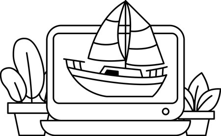 A black and white drawing of a sailboat on a computer screen. The sailboat is the main focus of the image, and it is a small, simple design. The background features a few potted plantsのイラスト素材