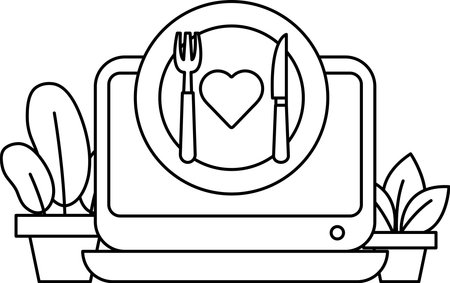 A computer monitor with a plate of food and utensils on it. The plate has a heart on it, and the utensils are a fork and a knife. Concept of a mealtimeのイラスト素材