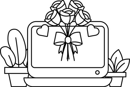 A bouquet of roses is placed on top of a laptop computer. The roses are tied with a ribbon and surrounded by a heart. Concept of love and affectionのイラスト素材